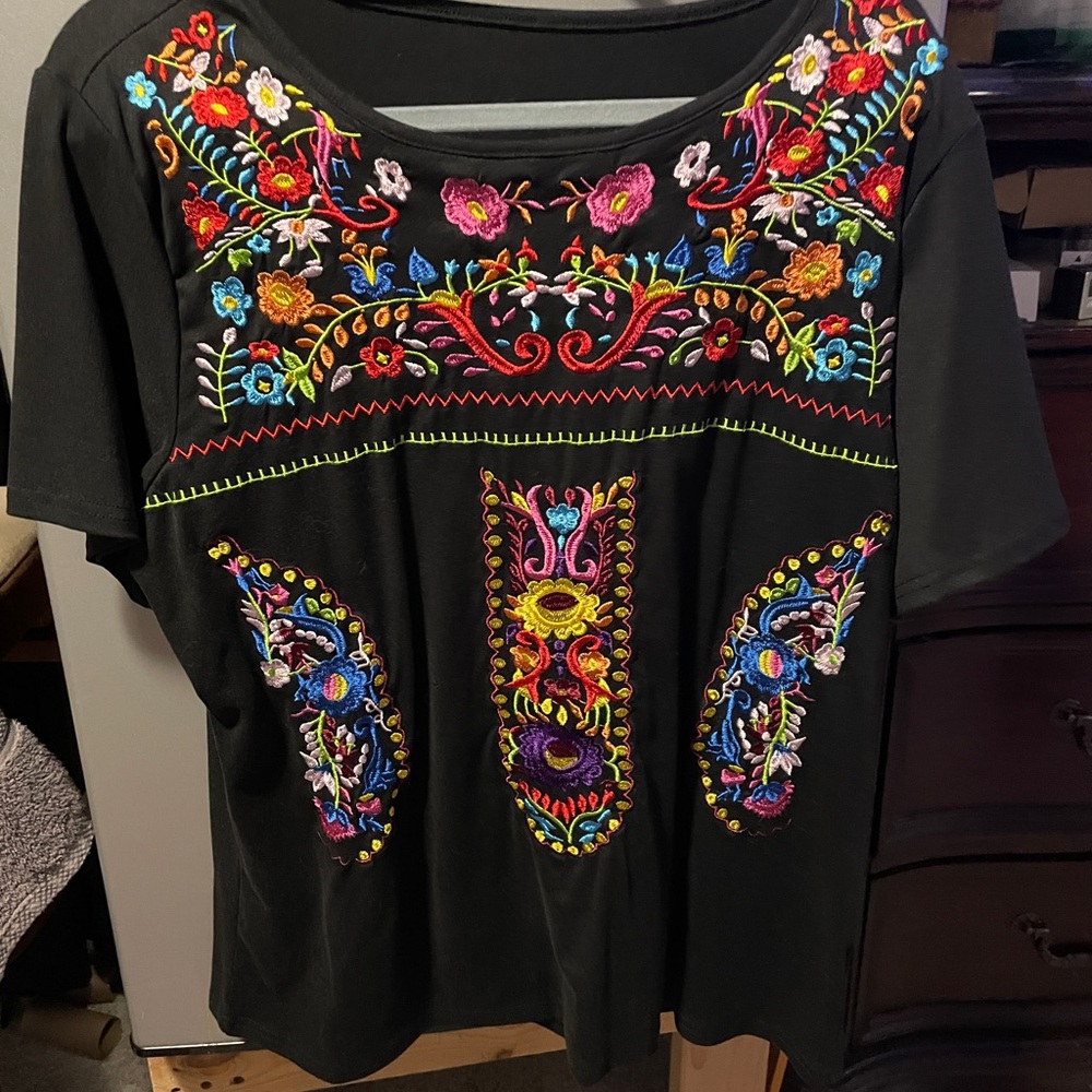 Black Embroidered Floral Top